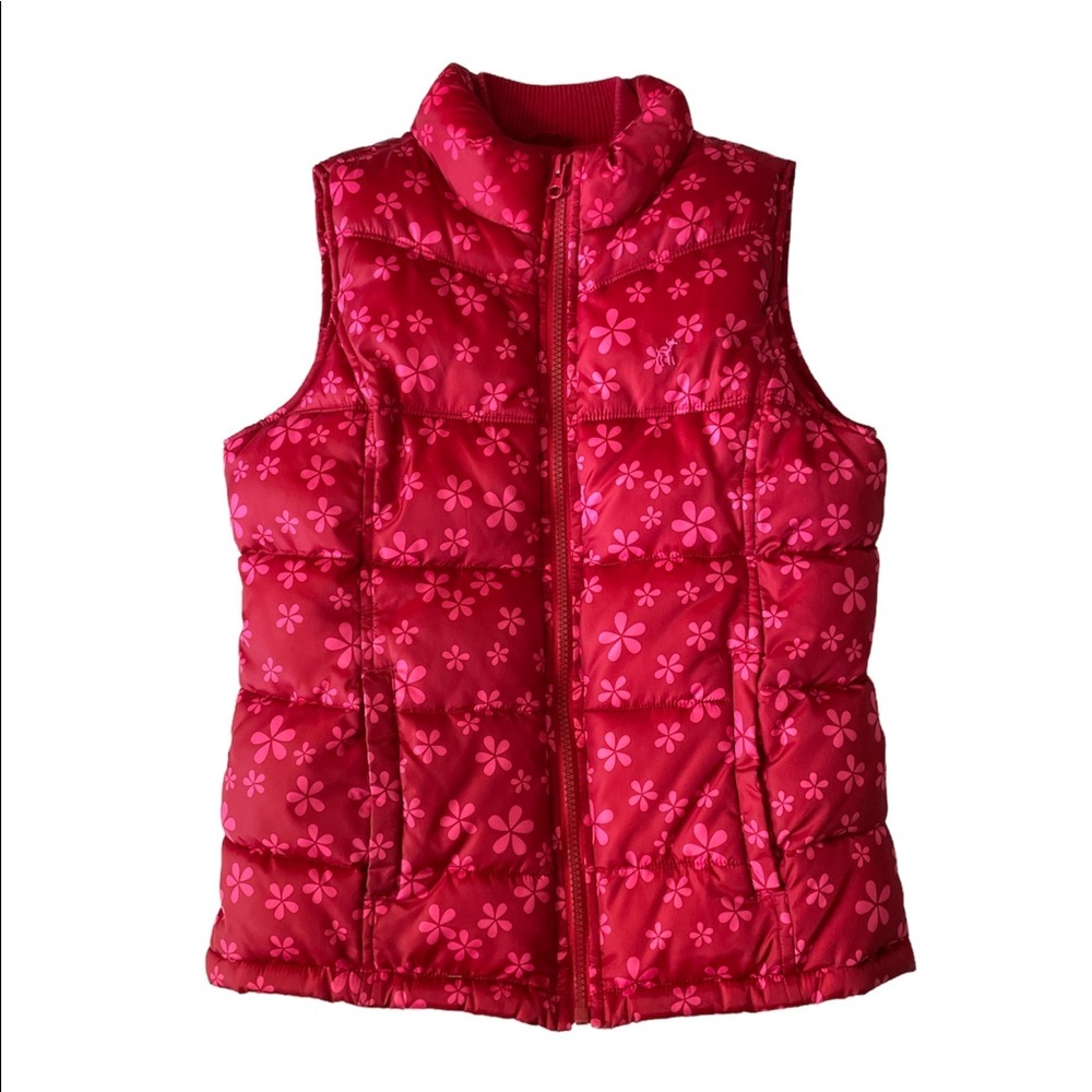 Old Navy Girl’s Red And Pink Floral Full Zip Puffer Vest Sz XL